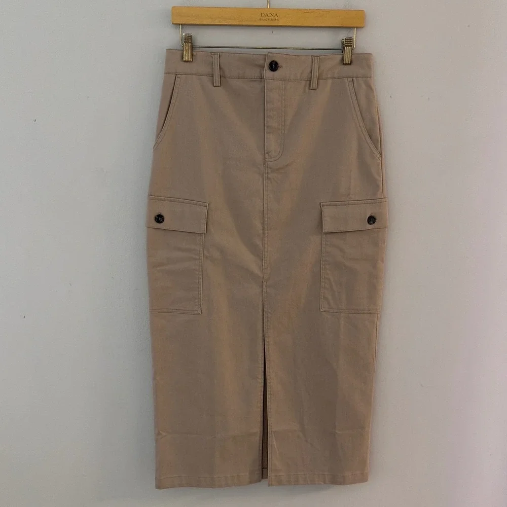 Jason Wu Women SmallTan Khaki Dual‎ Cargo Midi Skirt Front Slit Zip Up